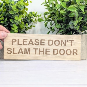 May include: A light brown wooden sign with the engraved message "PLEASE DON'T SLAM THE DOOR." The sign is rectangular and set against a backdrop of green plants in a grey pot.