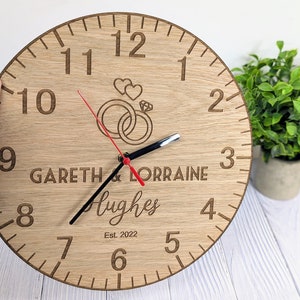 Personalised Wooden Wedding Clock – Bespoke Wedding / Anniversary Gift, Custom Name Oak Gift - 30cm Eco Gift Idea