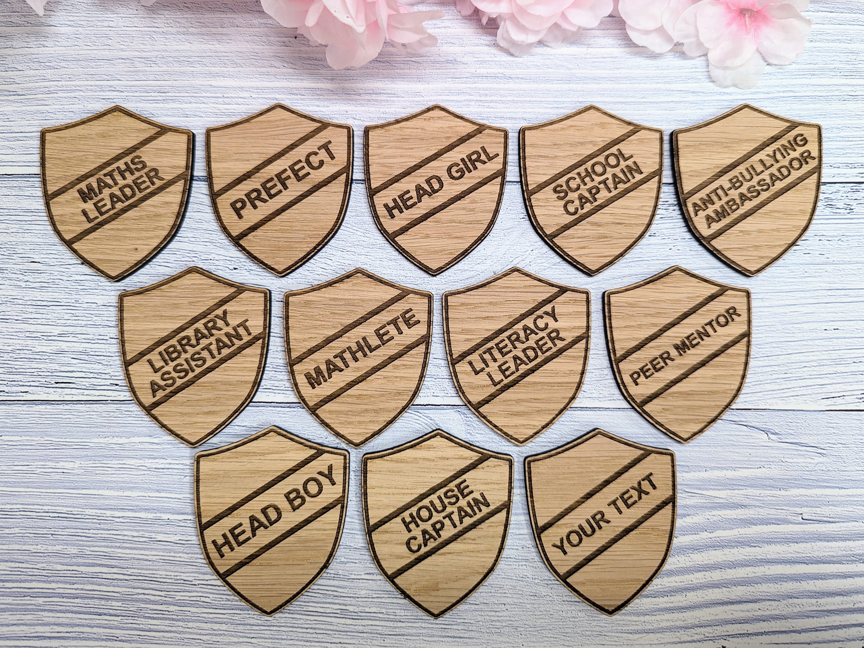 School Achievement Badges - 55x65mm - Oak Veneered MDF - Pin or