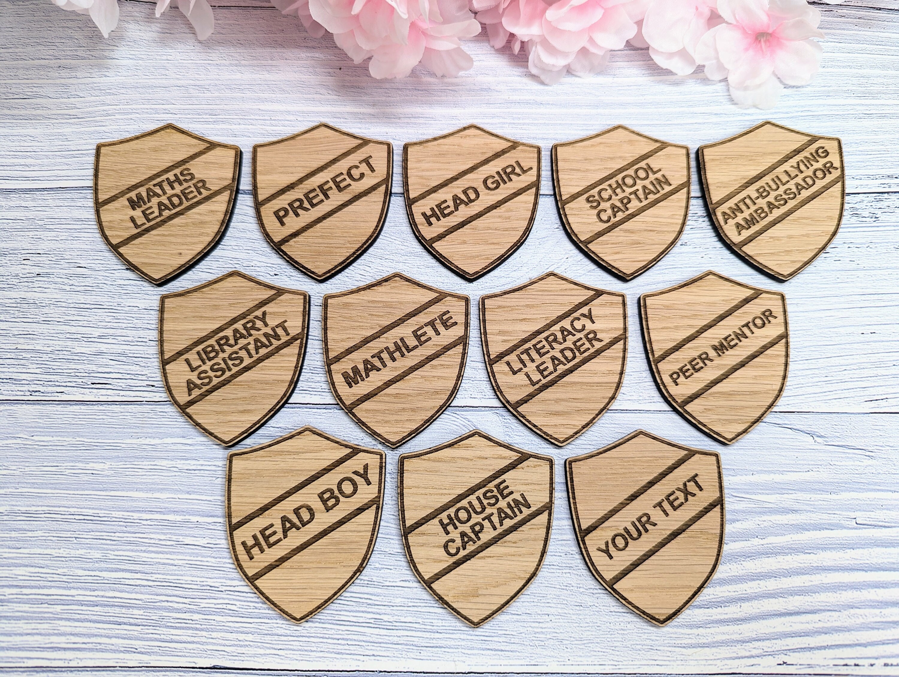 School Achievement Badges - 55x65mm - Oak Veneered MDF - Pin or
