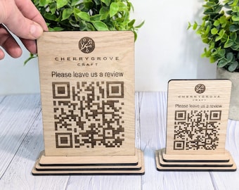 QR Code 'Leave us a review' Custom Wooden Table Sign, Personalised Logo & Link, Eco-Friendly, 2 Sizes | Google, Trustpilot, Tripadvisor etc