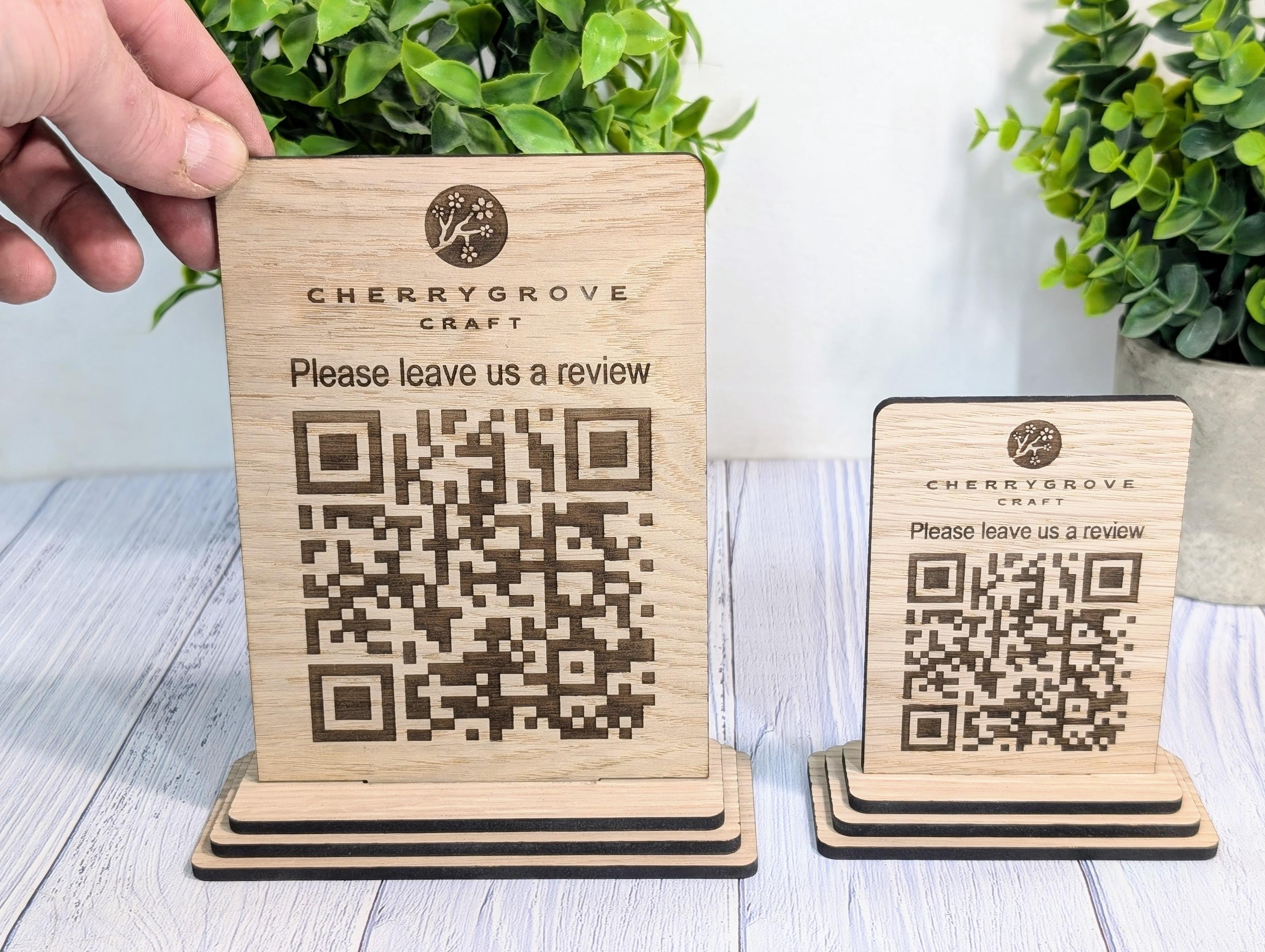 QR Code &lsquo;Leave us a review&rsquo; Custom Wooden Table Signs, Personalised Logo & Link