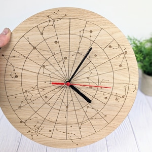 Horloge constellation ciel étoilé - Horloge murale astronomique en bois, décoration d'intérieur céleste, placage de chêne, horloge murale céleste, décoration de nuit étoilée