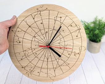 Starry Sky Constellation Clock - Astronomical Wooden Wall Clock, Celestial Home Decor, Oak Veneer, Celestial Wall Clock, Starry Night Decor