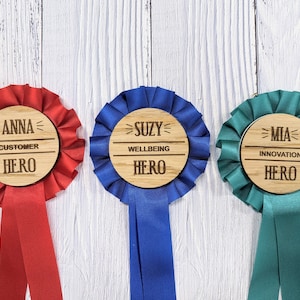 Personalised Employee Recognition Hero Rosette - Celebrate Your Heroes! | Wooden Rosettes in 4 Colours | Bulk Orders Welcome