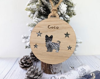 Personalised Yorkie Christmas Bauble: Oak Veneer with Stars or Hearts
