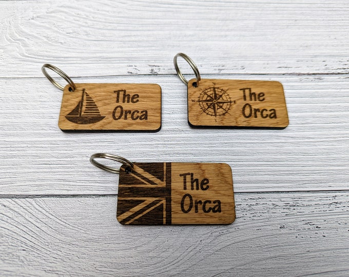 Sailing & Boat Keyrings, Personalised With Boat Name, Sailing Gift, Gifts for Sailors, Nautical Gift, Oak Wood