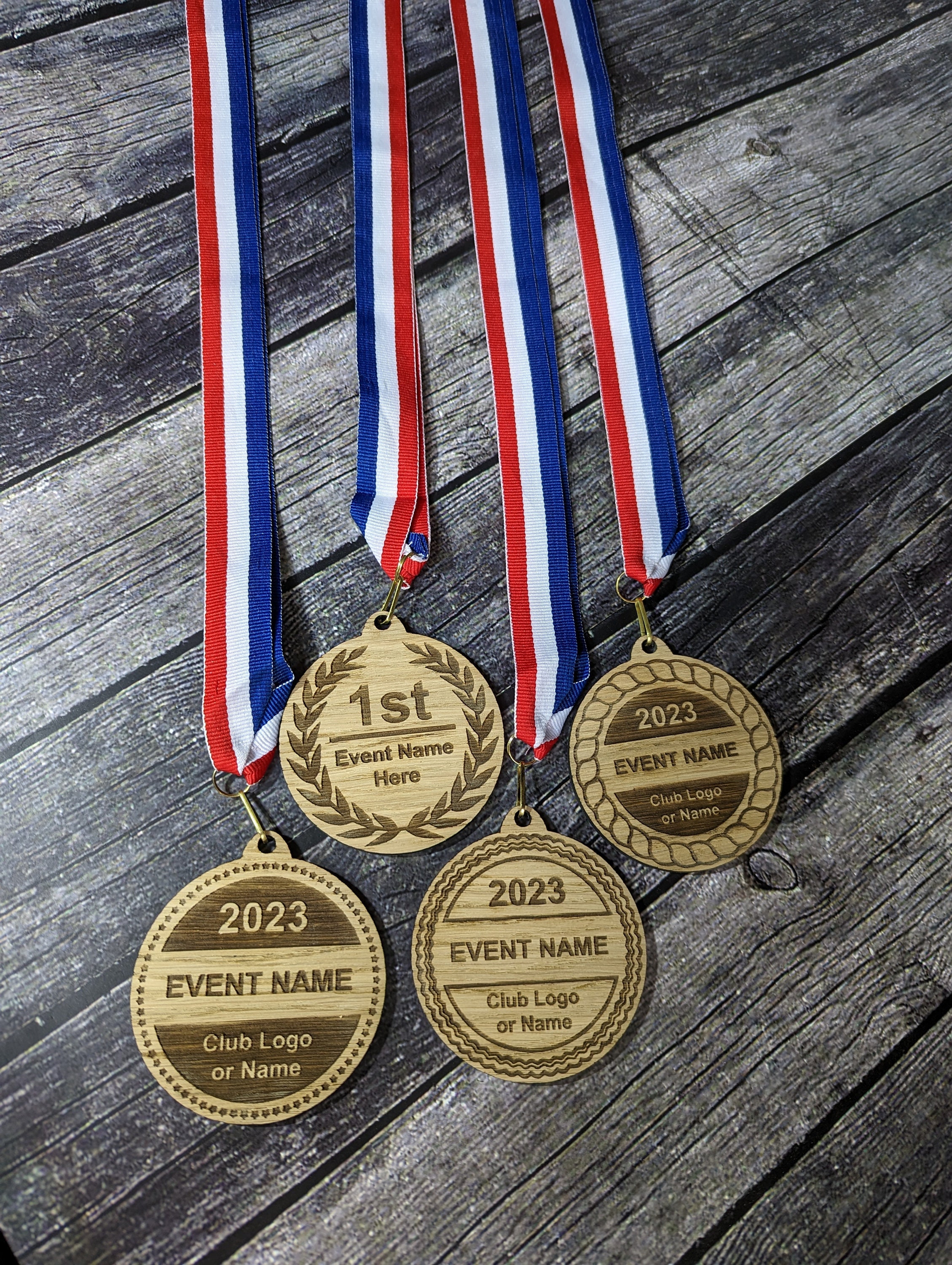 Personalised Double Sided Wooden Medals, Free Design Service