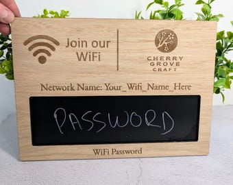 Personalised Wooden WiFi Blackboard Sign | Reusable Oak WiFi Sign for Home Bnb Office | Custom Network Name and Password Display