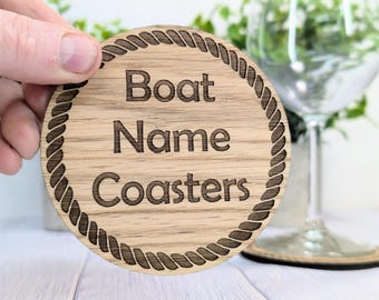 Personalised Oak Coasters with Rope Border: Nautical Boat Name Gift