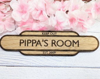 Personalised Railway Station Room Name Sign - Oak MDF - Customizable Text, 4 Sizes - Eco-Friendly, British Crafted Door Sign