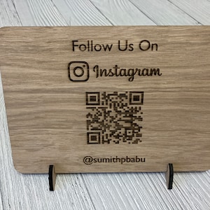 Wooden Social Media Sign | &#39;Follow us on&#39; Sign | QR Code Sign | Oak
