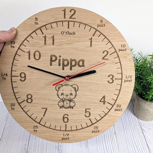 Personalised Children&#39;s Learning Wooden Clock – Engraved Teddy Bear Design | Eco-Friendly Wood | Educational Time-Telling