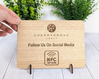 Custom NFC Wooden Social Media Sign: 'Tap to Follow Us', Eco-Friendly