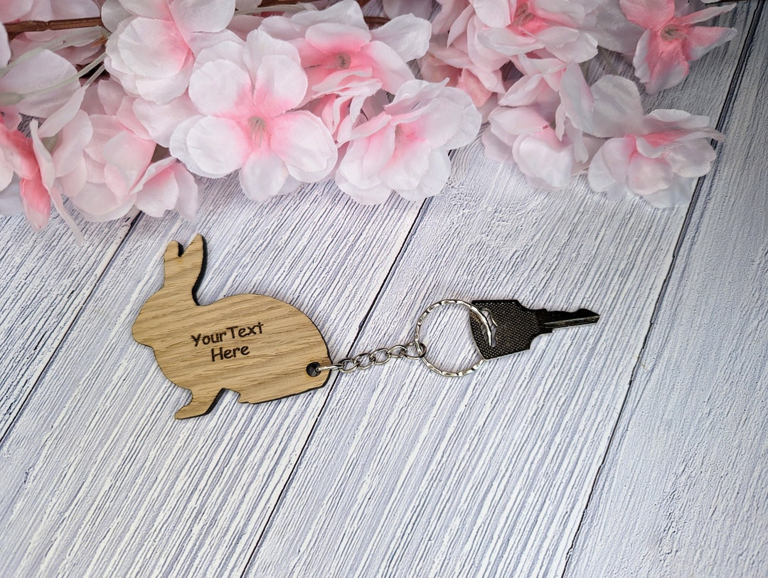 Personalised Wooden Rabbit Keyring | Custom Text Engraving | Gift for ...