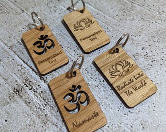 Personalised Yoga Keyrings | Engraved Wooden Lotus Flower & Namaste Keyrings | Oak Wood | Bulk