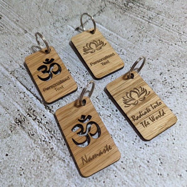 Personalised Yoga Keyrings | Engraved Wooden Lotus Flower & Namaste Keyrings | Oak Wood | Bulk