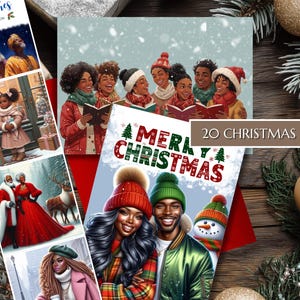 May include: A collection of 20 Christmas cards featuring illustrations of Black people in winter scenes. The cards display images of carolers, couples, and holiday settings. One card reads "Merry Christmas" with festive lettering and a Christmas tree.