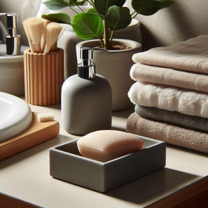 May include: A gray soap dispenser with a silver pump sits next to a gray soap dish holding a bar of soap. A stack of beige, white, and gray towels is in the background. A wooden brush holder and a potted plant complete the bathroom decor.