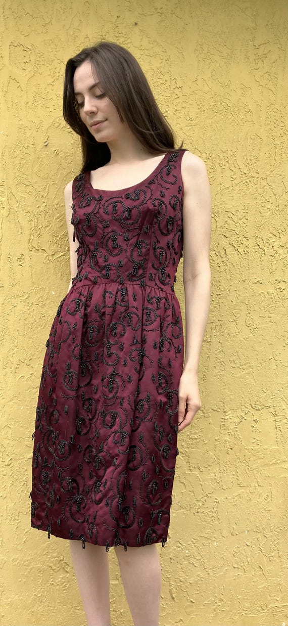 Vintage Beaded Cocktail Dress, Red Satin, Larry Aldrich Designer, 1950s/60s