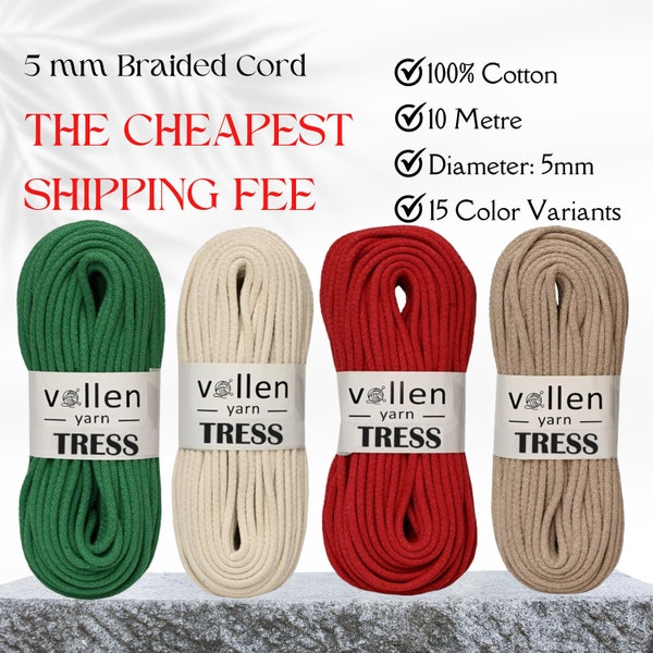 VollenYarn Ø 5mm premium macrame braided cord,10 METERS,Bohemia Macrame Rope for Handmade Plant Hangers Wall,cotton textile yarn