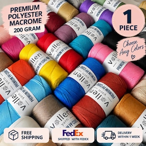May include: A collection of Vollen brand premium polyester macrame cord spools, each weighing 200 grams. The spools are available in a variety of solid colors including red, yellow, blue, pink, purple, black, white, and tan, featuring white labels.