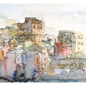 May include: Watercolor painting of a cityscape with buildings in shades of brown, yellow, and pink. The buildings are stacked on top of each other, creating a sense of depth. The sky is a light blue with some clouds.