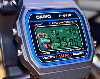 Custom Casio F91W Watch Venusaur | Handmade Pokémon Inspired Digital Watch | Retro Gaming Wristwatch | Unique Anime Gift for Collectors