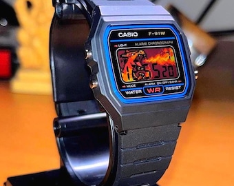 Custom Casio F91W-horloge Charizard | Handgemaakt, op Pokémon geïnspireerd digitaal horloge | Retro gaming-polshorloge | Uniek animecadeau voor verzamelaars