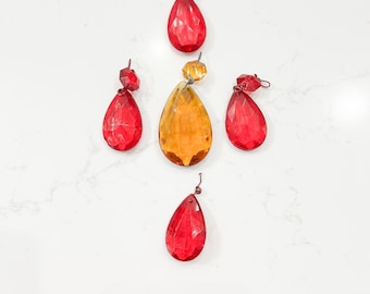 Amber and Red Antique Teardrop Crystal Pendants Octagon Prism, Vintage Chandelier Crystals, Teardrop, Icicle, Faceted, Replacement Crystals