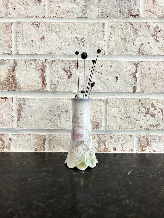 Antique Handpainted Porcelain Hat Pin Holder, Made in Germany, 7 Hat Pins, Hat Pin, Porcelain Vase, Victorian Decor, Bud Vase, Flower Vase