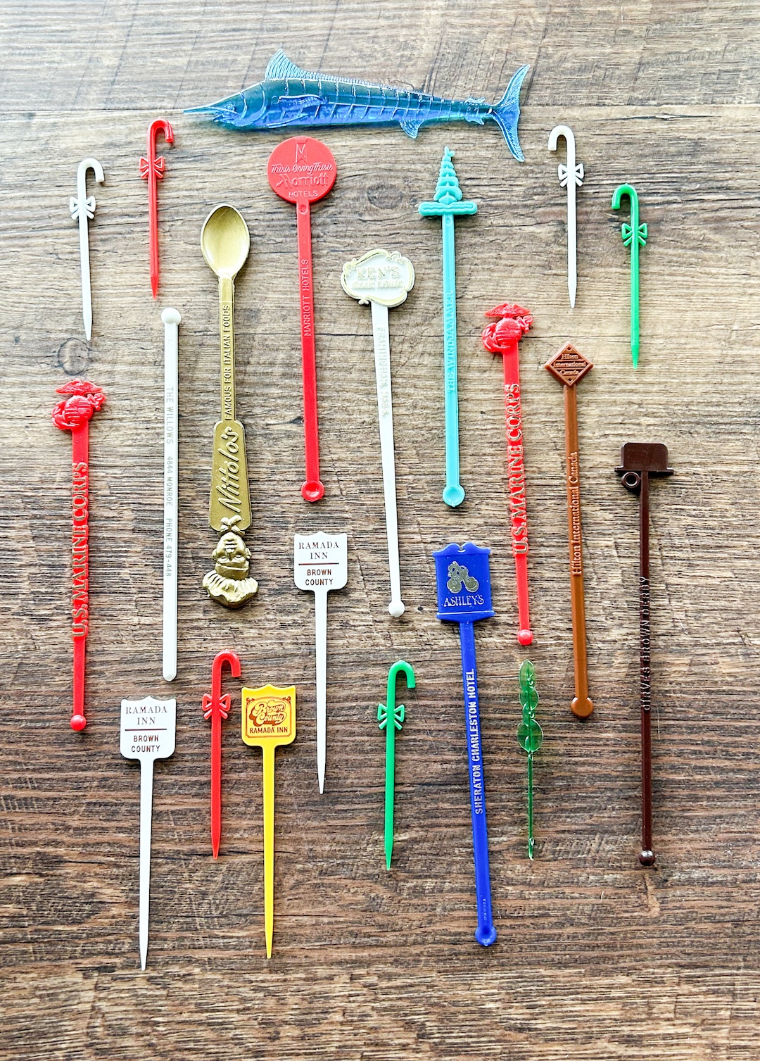 Lot of 21 Vintage Cocktail Swizzle Sticks, Retro Barware, Man Cave