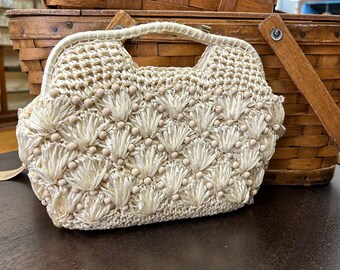 Vintage Raffia and Beaded Cream Purse, Made in Japan, Vintage Raffia Purse, Japanese Raffia Purse, 1950s, 1960s