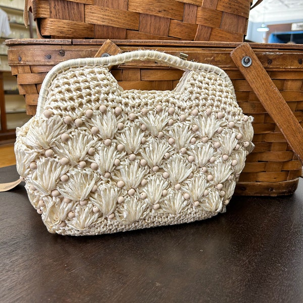 Vintage Raffia and Beaded Cream Purse, Made in Japan, Vintage Raffia Purse, Japanese Raffia Purse, 1950s, 1960s