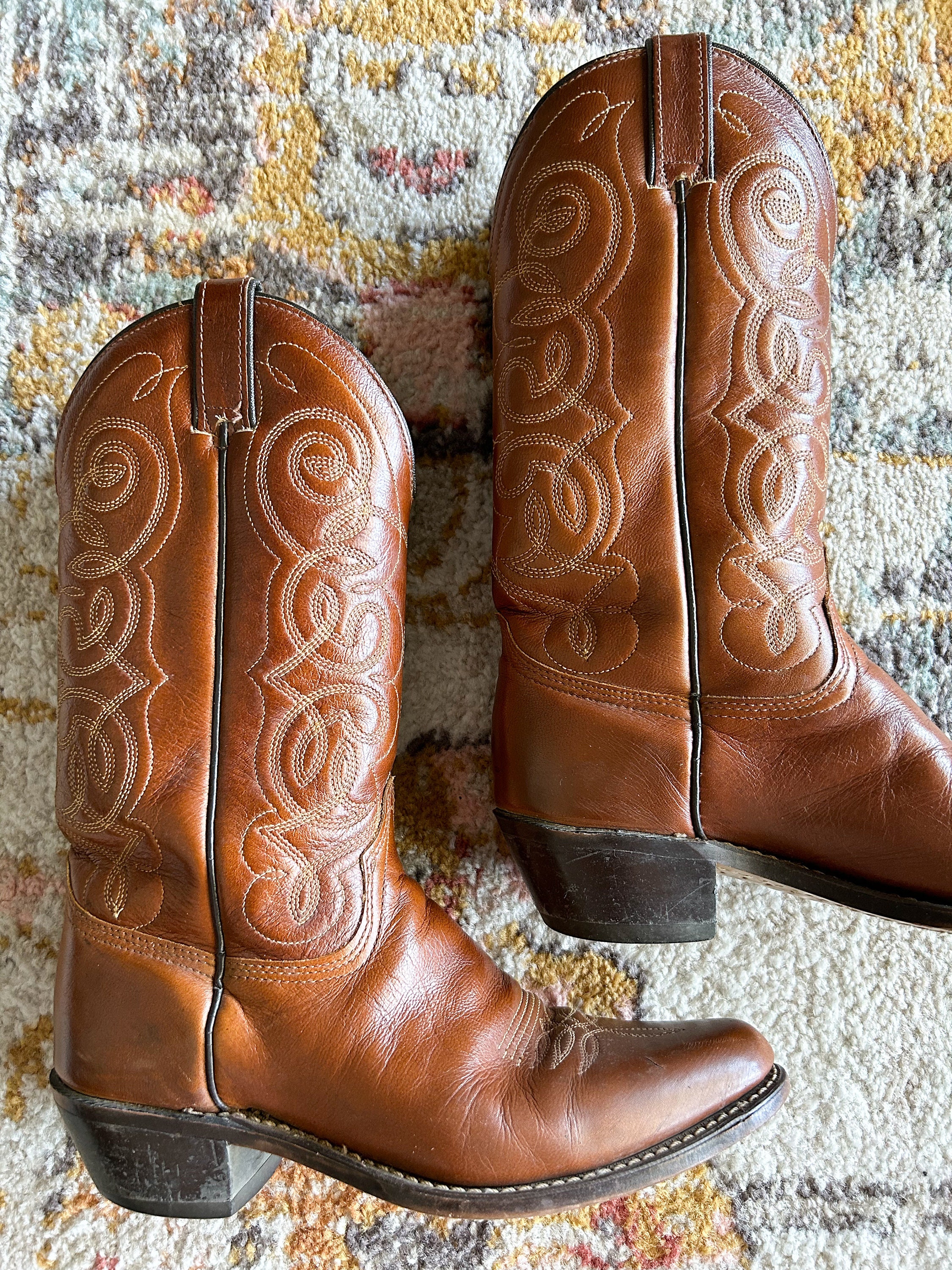 【2000ARCHIVES】SHIRRING WARMER WESTERN BOOTS / 追跡付 Vintage Cowboy Boots, Vintage Brown Cowboy Boots, Size 8D