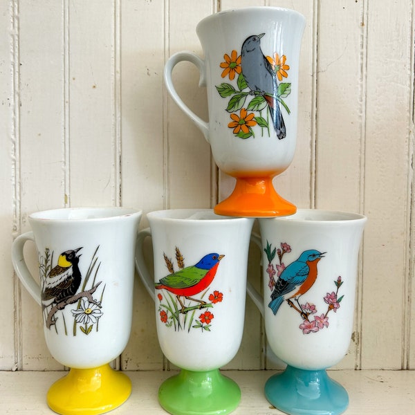 Set of 4 Vintage Bird Themed Mugs | Bird Lover Gift | Vintage Bird Pedestal Mugs | Porcelain Bird Mugs | Nature Mugs