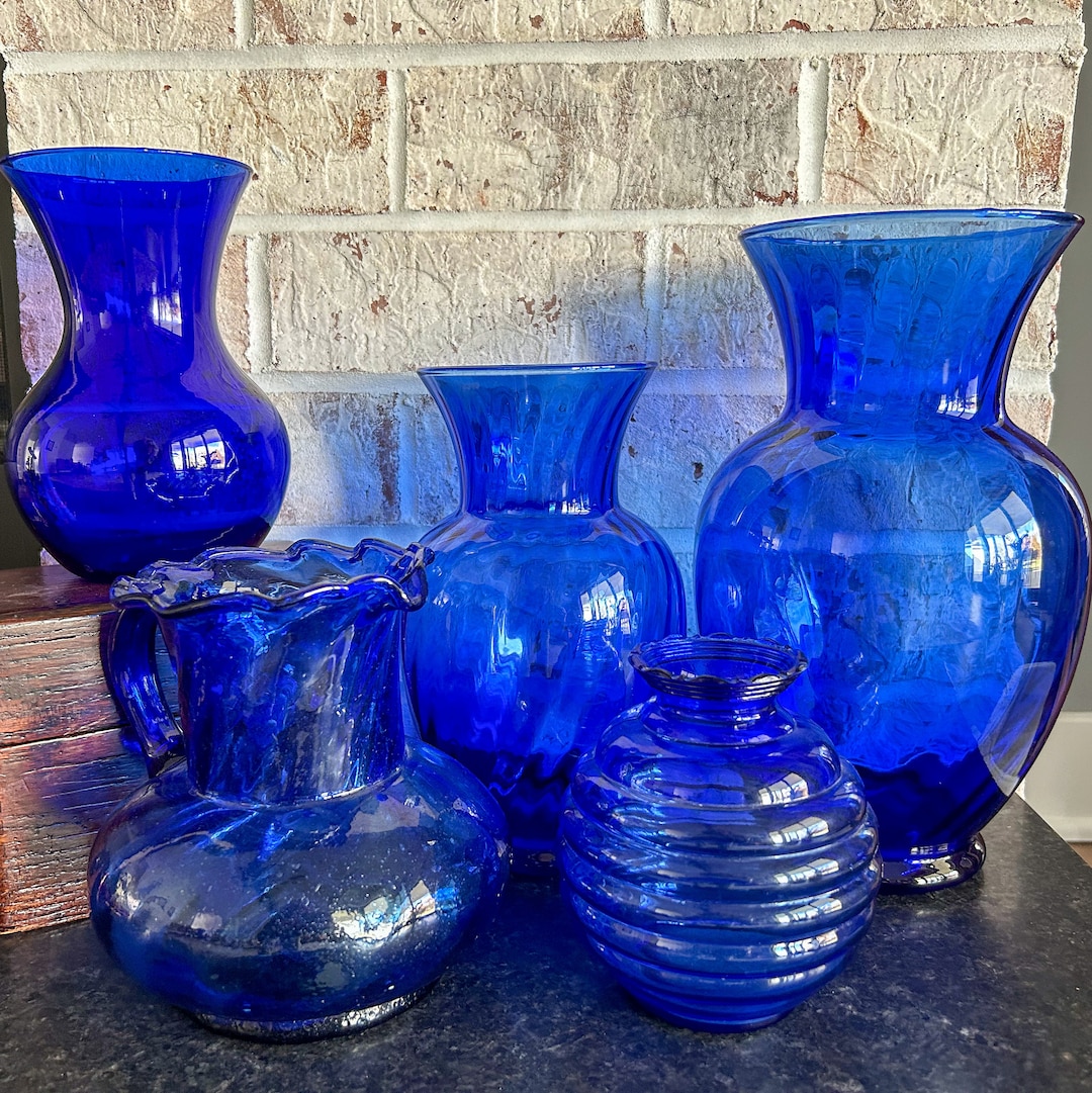 Blue Glass Vase, Glass Floral Vase, Vintage Flower Vases, Blue Floral