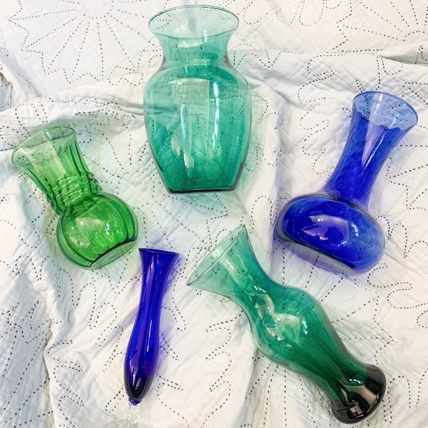 Small Glass Vase, Glass Bud Vase, Vintage Flower Vases, Blue Floral Vase, Green Floral Vase, Vintage Vase, Floral Vases, Blue Glass Vase