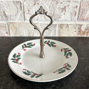 Vintage Christmas Tier Tray, Bridgeford Porcelain, MCM Serving Tray, Kitchen Serving Tray, Retro Decor,  Vintage Kitchen, Holly and Berries