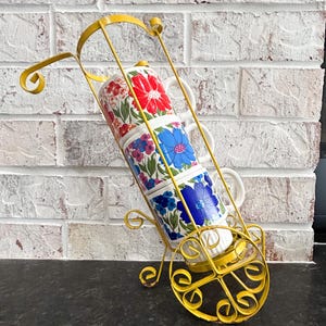 Vintage Japan Mugs with Metal Carrier, Made in Japan, Groovy Floral Mugs, 1960s, 1970s, Stackable Mugs, Coffee Cup Cart with Wheels, MCM