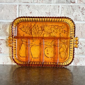 Vintage Indiana Glass Divided Vegetable Tray, Avocado Green Tray, Fruit Tray, Relish Tray, Vintage Veggie Tray, Amber Veggie Tray,
