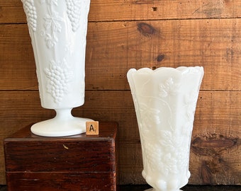 Vintage Milk Glass Vase,  Westmoreland Glass, Milk Glass Vase, Vintage Decor, Wedding Centerpiece Tall Vase, Raised Panel Grape Leaf Vine