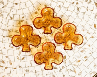 Amber Indiana Pressed Glass Small Club Clover Shamrock Dishes Set of 4, Ring Dish, Trinket Dish, Indiana Glass Club Dish