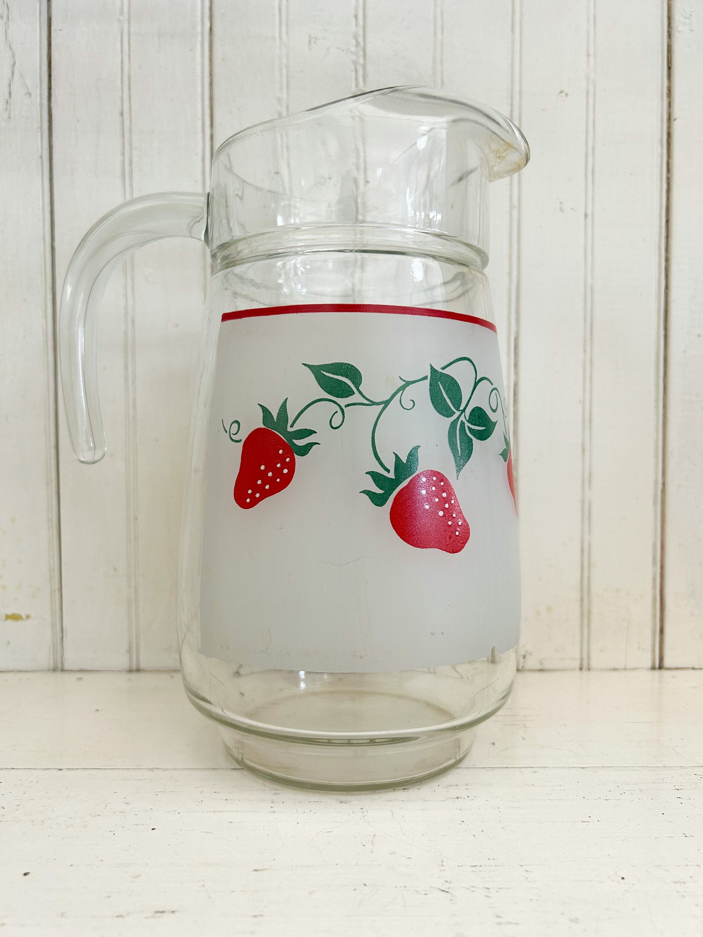 Vintage Teleflora Strawberry Frosted Glass Pitcher 1983 Vintage Pitcher  Strawberry Decor Cottagecore Decor Lemonade Pitcher 