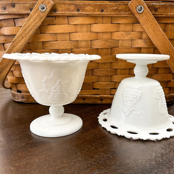 Milk Glass Compote | Milk Glass Pedestal Dish | Lace Edged Milk Glass | Scalloped Edge Milk Glass Dish | BOHO Style | Grape Leaf Candy Dish