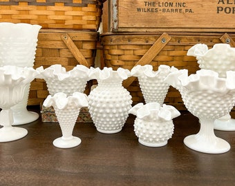 Milk Glass Vase, Fenton Style Hobnail Vase, Ruffled Hobnail Milk Glass Candy Dish, Fenton Milk Glass, Hobnail Milk Glass, Hobnail Bud Vase