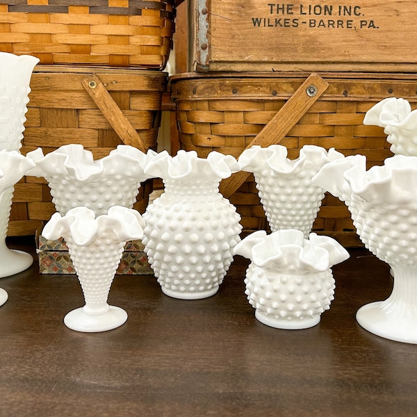 Milk Glass Vase, Fenton Style Hobnail Vase, Ruffled Hobnail Milk Glass Candy Dish, Fenton Milk Glass, Hobnail Milk Glass, Hobnail Bud Vase