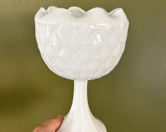 Milk Glass Bowl, Indiana Milk Glass, Milk Glass Pedestal Bowl, Pedestal Milk Glass Dish, Indiana Milk Glass Bowl, Quilted Indiana Milk Glass