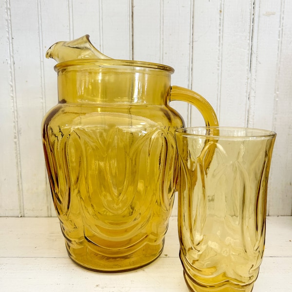 Vintage Tulip Amber Pattern Pitcher Anchor Hocking | Colonial Tulip Drinking Glasses | Replacement Glasses | Amber Pitcher | Vintage Pitcher