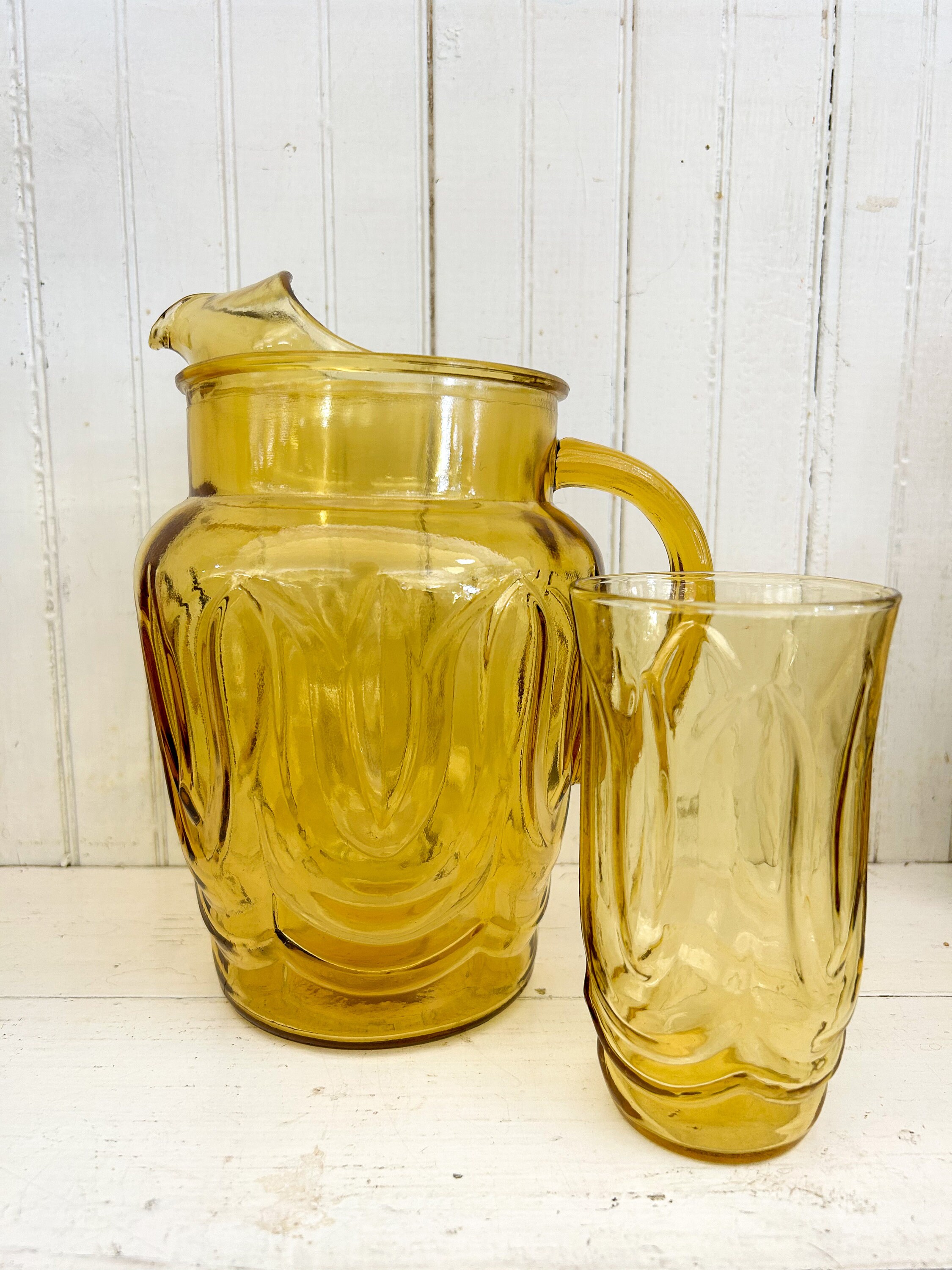 HAVING A PARTY? MidCentury Sangria Pitcher & 6 Glasses Handblown Amber  Spain